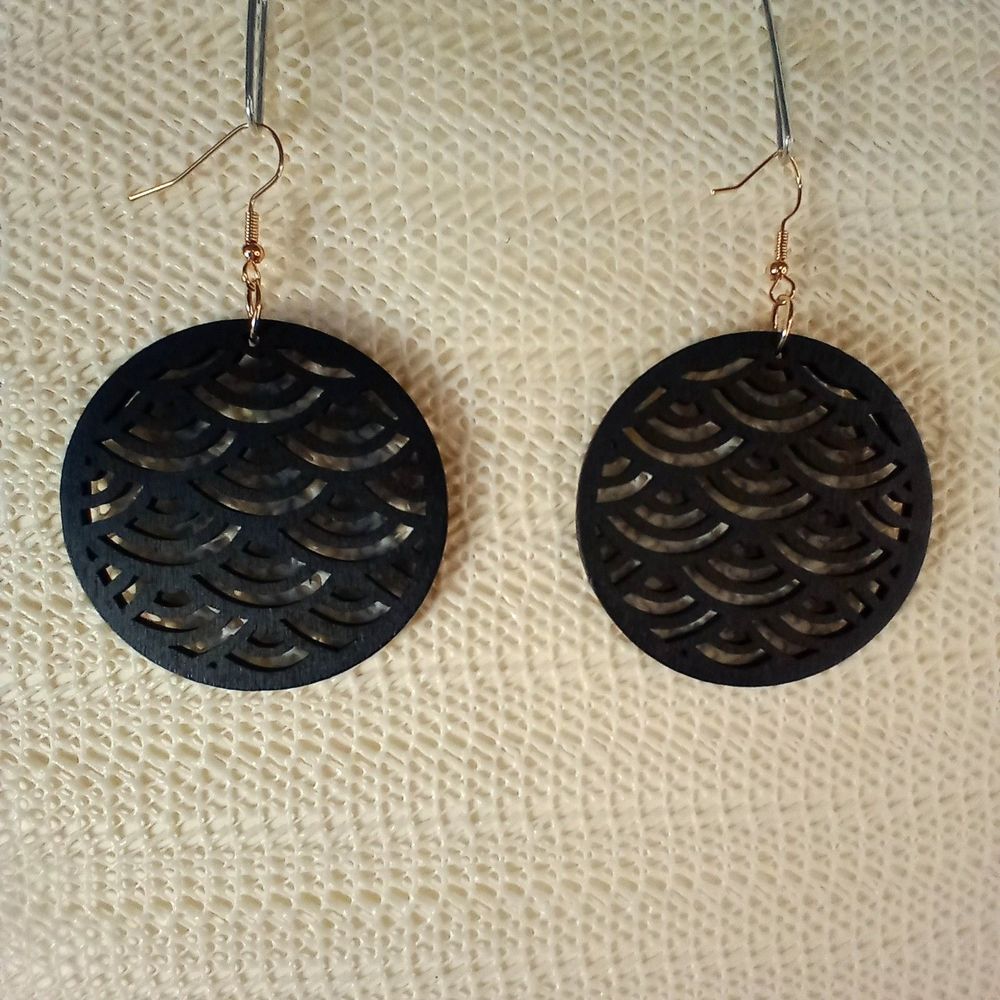 BOHO BLACK WOODEN Bohemian Round Laser Cut 3" Earrings